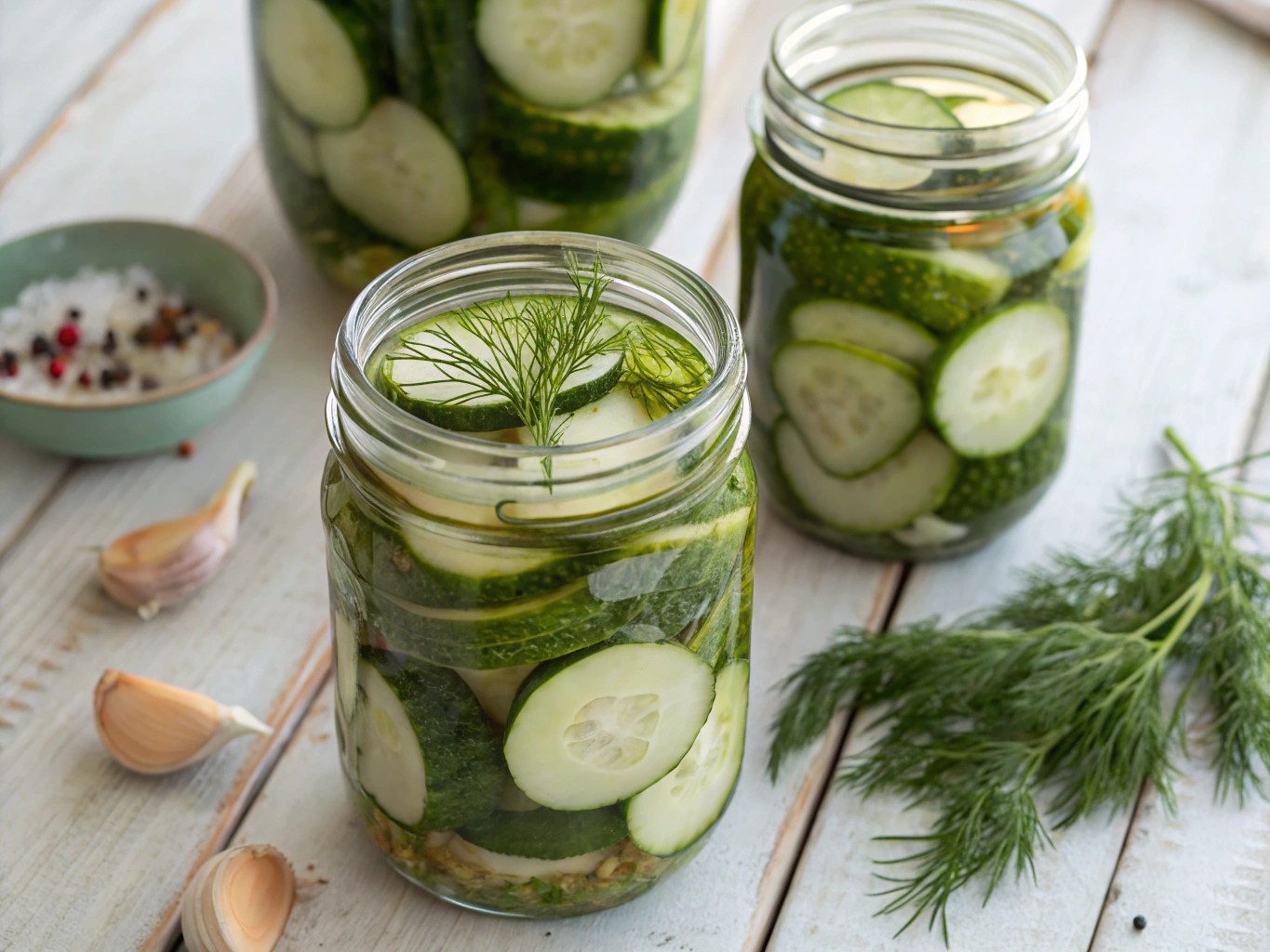 Fresh green cucumbers and dill spears being hand packed into pickle jars