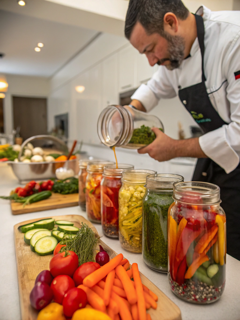 Fresh pickling ingredients and crisp cucumber slices on a prep table