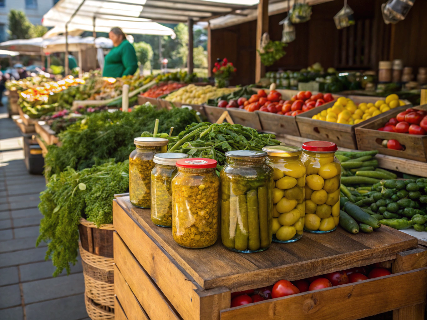 Farmers market booth in Lincolnton displaying jars of handcrafted artisan pickles.